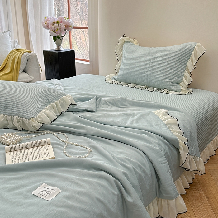 91家纺网 家纺一手货源 找家纺 琳可家居 2025新款雪精灵系列兰精天丝凉感床盖三件套 晴空蓝