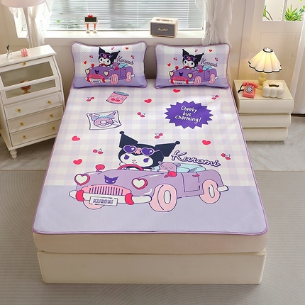 八零年代  2025大版卡通三丽鸥正版授权大版卡通夏季凉豆豆凉席三件套空调房床笠款凉席三件套 库洛米汽车
