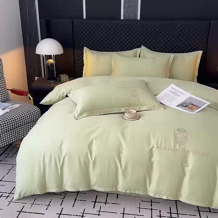 91家纺网 家纺一手货源 找家纺 梦莱斯2025新款长绒棉刺绣轻奢系列四件套 抹茶绿