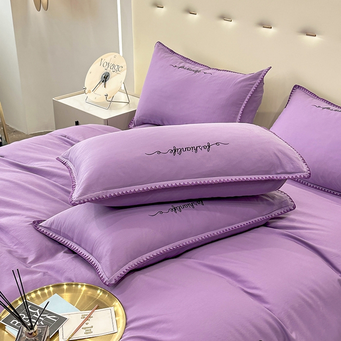 91家纺网 家纺一手货源 找家纺 2025新款13374全棉母婴级贝壳绣宽边枕套纯色刺绣三角针四件套全棉贡缎新疆长绒字母款 贝壳绣-典雅紫