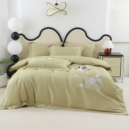 优姿家纺2025新品高端加密全棉100支绣花宽边四件套 淡雅生活-森林绿