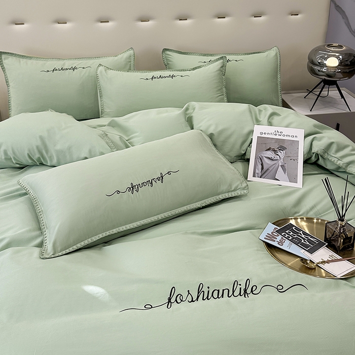 91家纺网 家纺一手货源 找家纺 2025新款13374全棉母婴级贝壳绣宽边枕套纯色刺绣三角针四件套全棉贡缎新疆长绒字母款 贝壳绣-炫彩绿