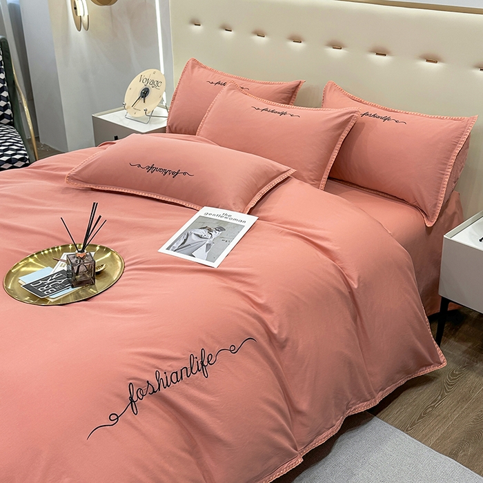 91家纺网 家纺一手货源 找家纺 2025新款13374全棉母婴级贝壳绣宽边枕套纯色刺绣三角针四件套全棉贡缎新疆长绒字母款 贝壳绣-奶油粉