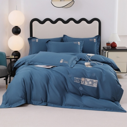 优姿家纺2025新品高端加密全棉100支绣花宽边四件套 玫瑰花簇宝石蓝
