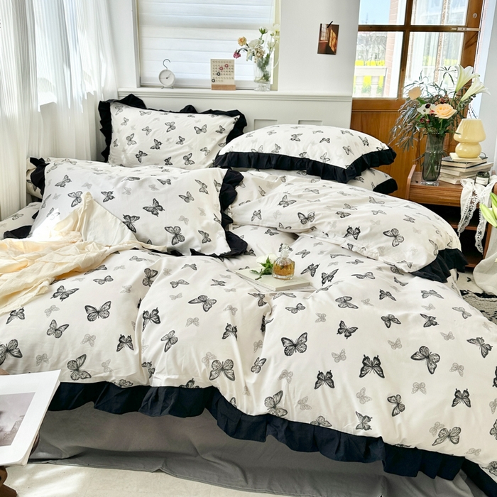 91家纺网 家纺一手货源 找家纺 芷凡家纺 2025新款皱皱云感棉赫本风韩式花边四件套 蝶梦