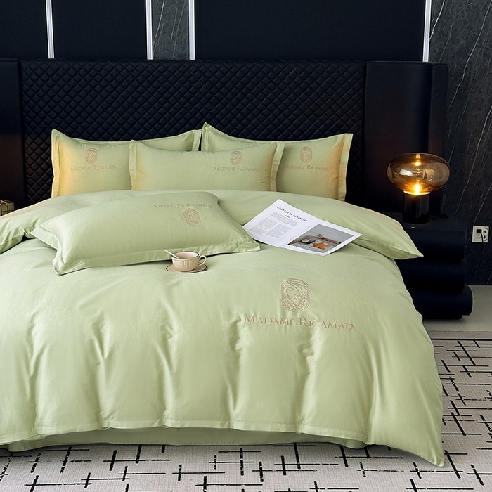 91家纺网 家纺一手货源 找家纺 梦莱斯2025新款长绒棉刺绣轻奢系列四件套 抹茶绿