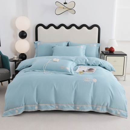 91家纺网 家纺一手货源 找家纺 优姿家纺2025新品高端加密全棉100支绣花宽边四件套 奢侈生活-天蓝