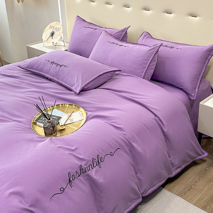 91家纺网 家纺一手货源 找家纺 2025新款13374全棉母婴级贝壳绣宽边枕套纯色刺绣三角针四件套全棉贡缎新疆长绒字母款 贝壳绣-典雅紫