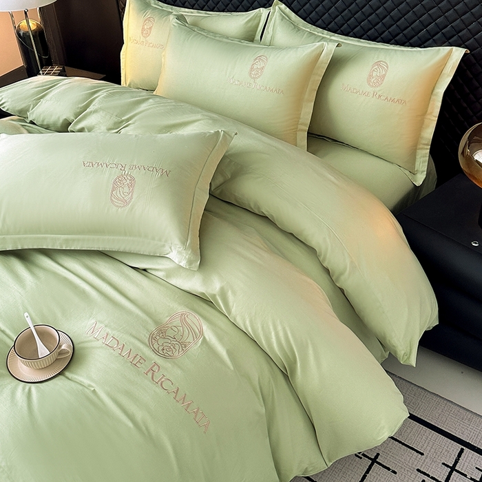 91家纺网 家纺一手货源 找家纺 梦莱斯2025新款长绒棉刺绣轻奢系列四件套 抹茶绿