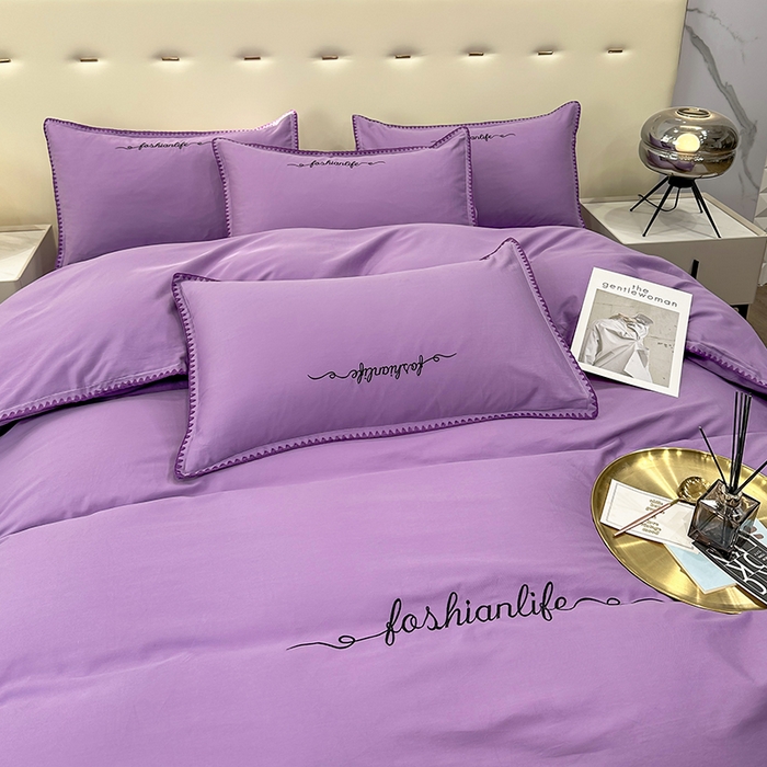 91家纺网 家纺一手货源 找家纺 2025新款13374全棉母婴级贝壳绣宽边枕套纯色刺绣三角针四件套全棉贡缎新疆长绒字母款 贝壳绣-典雅紫