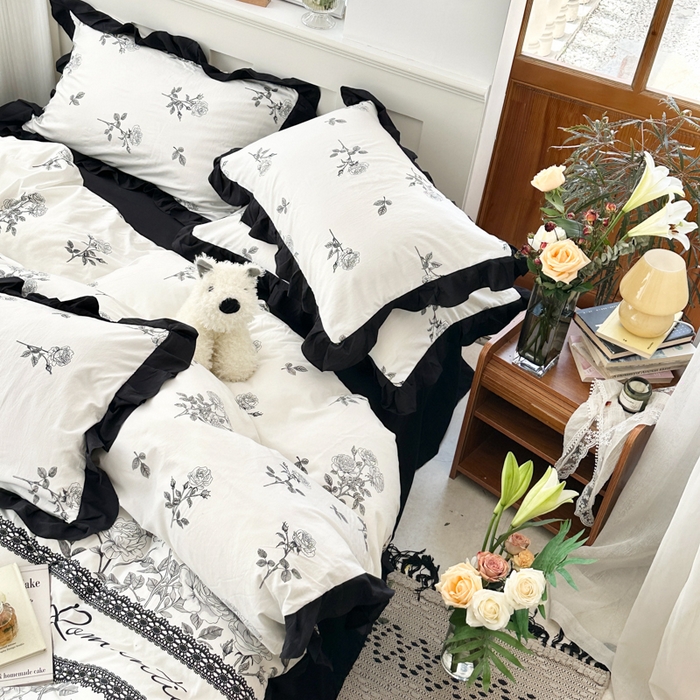 91家纺网 家纺一手货源 找家纺 芷凡家纺 2025新款皱皱云感棉赫本风韩式花边四件套 爱丽莎