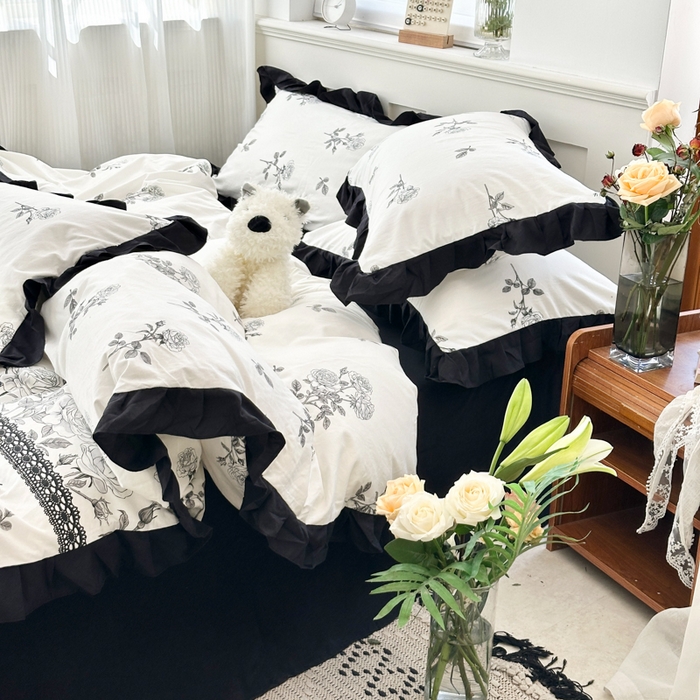 91家纺网 家纺一手货源 找家纺 芷凡家纺 2025新款皱皱云感棉赫本风韩式花边四件套 爱丽莎