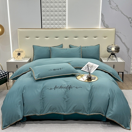 2025新款13374全棉母婴级贝壳绣宽边枕套纯色刺绣三角针四件套全棉贡缎新疆长绒字母款 贝壳绣-摩卡绿