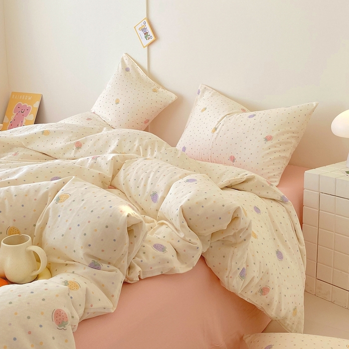 91家纺网 家纺一手货源 找家纺 于果 2025新款全棉双层纱四件套第四批 草莓点点