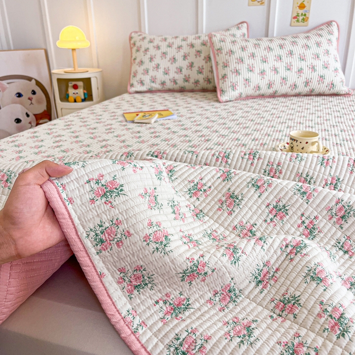 91家纺网 家纺一手货源 找家纺 梵朴 2025新款跑量款纯棉印花床盖三件套 粉玫瑰