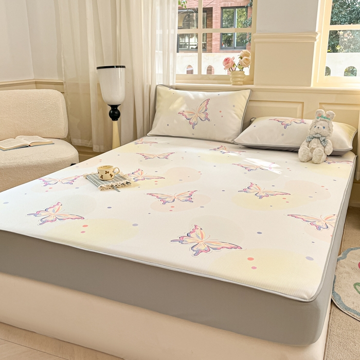 91家纺网 家纺一手货源 找家纺 星座家纺 2025新款斜纹提花凉感丝凉席床笠款三件套 床笠-彩蝶