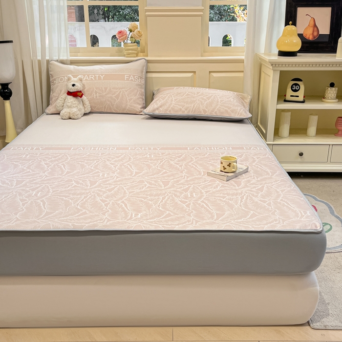 91家纺网 家纺一手货源 找家纺 星座家纺 2025新款斜纹提花凉感丝凉席床笠款三件套 床笠-叶之语-奶咖