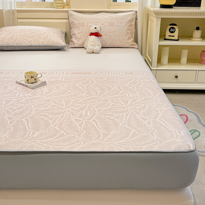 91家纺网 家纺一手货源 找家纺 星座家纺 2025新款斜纹提花凉感丝凉席床笠款三件套 床笠-叶之语-奶咖