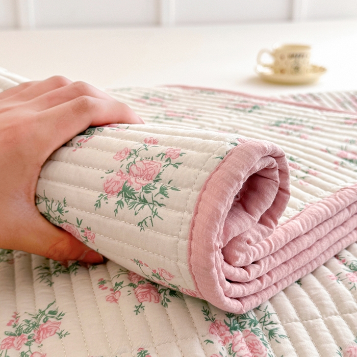 91家纺网 家纺一手货源 找家纺 梵朴 2025新款跑量款纯棉印花床盖三件套 粉玫瑰