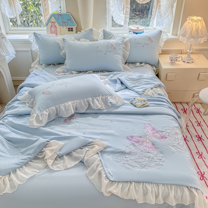 91家纺网 家纺一手货源 找家纺 凯美家居 2025新款超柔亲肤棉夏被回件套 夏被蝶恋花 浅蓝