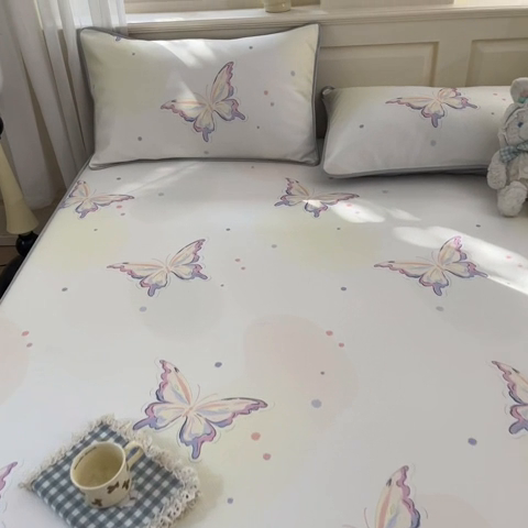 91家纺网 家纺一手货源 找家纺 星座家纺 2025新款斜纹提花凉感丝凉席床笠款三件套 床笠-彩蝶