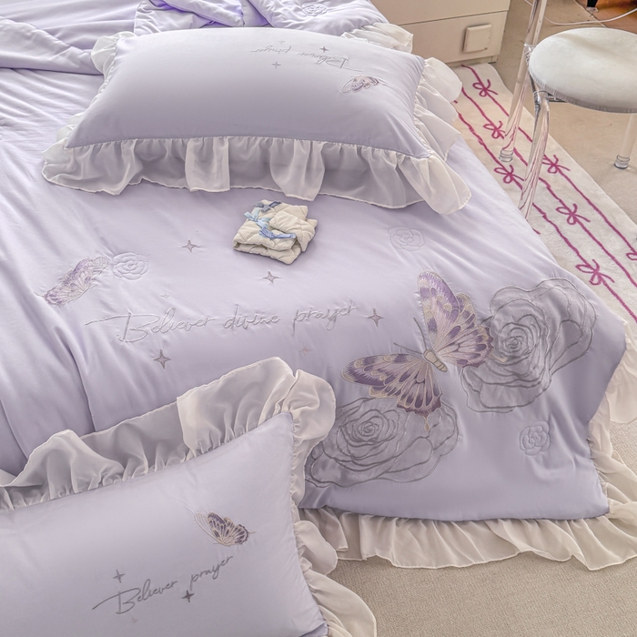 91家纺网 家纺一手货源 找家纺 凯美家居 2025新款超柔亲肤棉夏被回件套 夏被蝶恋花 浅紫