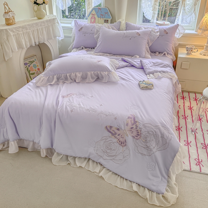 91家纺网 家纺一手货源 找家纺 凯美家居 2025新款超柔亲肤棉夏被回件套 夏被蝶恋花 浅紫