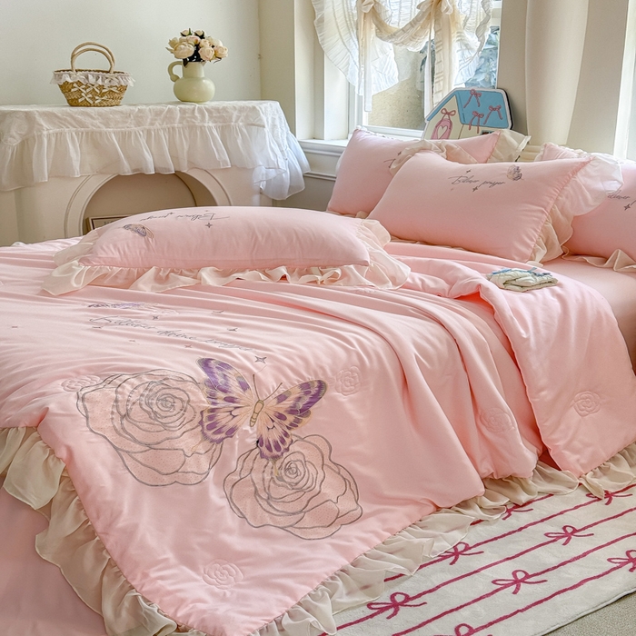 91家纺网 家纺一手货源 找家纺 凯美家居 2025新款超柔亲肤棉夏被回件套 夏被蝶恋花 粉玉