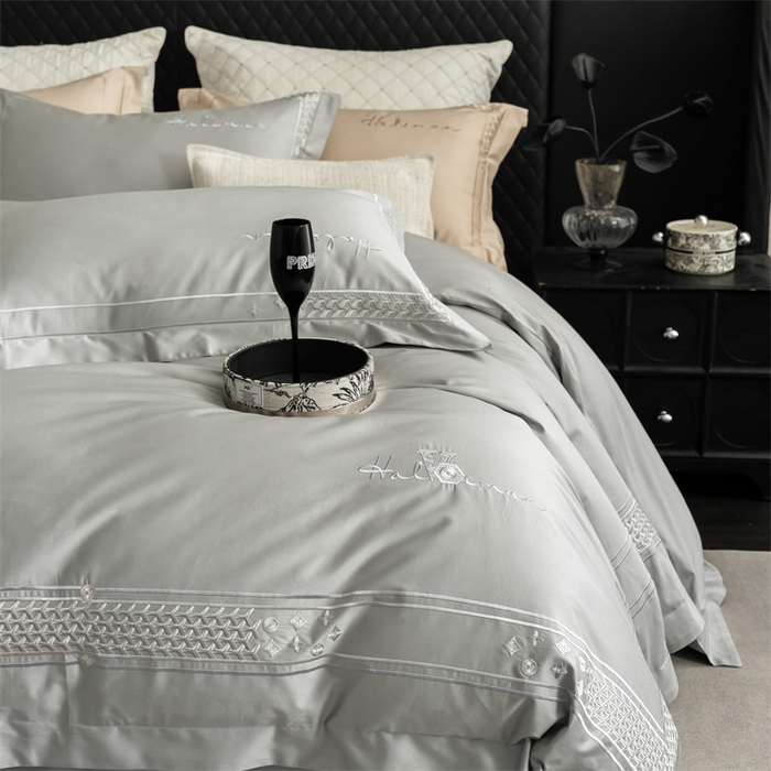 91家纺网 家纺一手货源 找家纺 保罗圣迪奥 2025新款全棉长绒棉刺绣四件套-星光 星光-灰