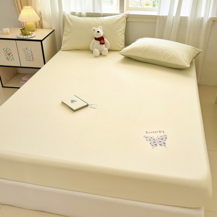 91家纺网 家纺一手货源 找家纺 泽西2025新品全棉卡通床笠 快乐蝶-奶油黄