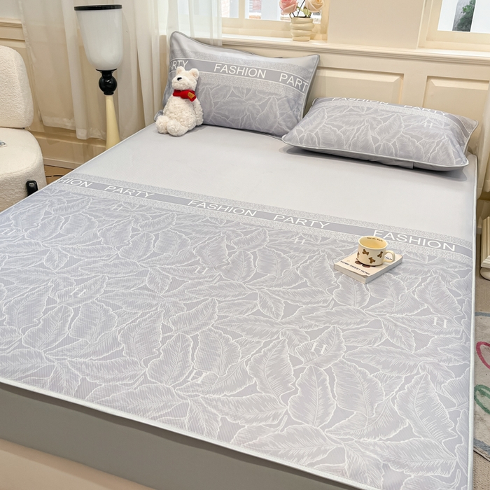 91家纺网 家纺一手货源 找家纺 星座家纺 2025新款斜纹提花凉感丝凉席床笠款三件套 床笠-叶之语-灰