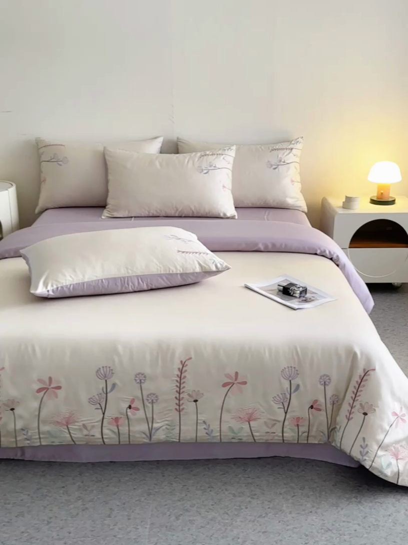 91家纺网 家纺一手货源 找家纺 618家纺 2025新款60S100支进口兰精天丝四件套-初夏 天丝初夏丁香紫