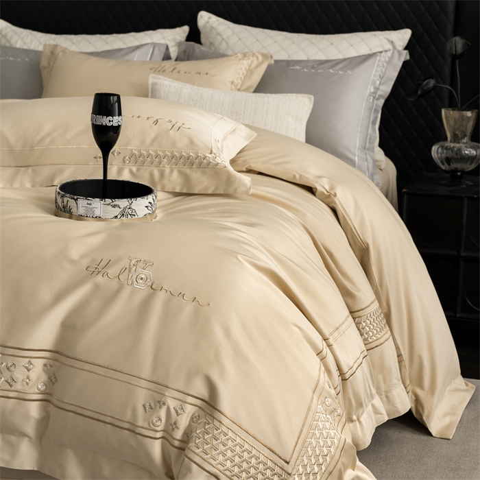 91家纺网 家纺一手货源 找家纺 保罗圣迪奥 2025新款全棉长绒棉刺绣四件套-星光 星光-金