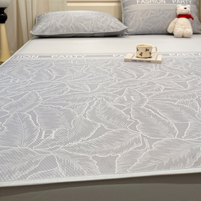 91家纺网 家纺一手货源 找家纺 星座家纺 2025新款斜纹提花凉感丝凉席床笠款三件套 床笠-叶之语-灰