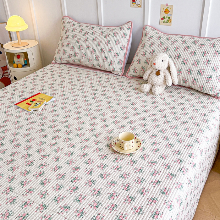 91家纺网 家纺一手货源 找家纺 梵朴 2025新款跑量款纯棉印花床盖三件套 粉玫瑰