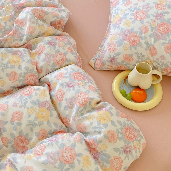 91家纺网 家纺一手货源 找家纺 于果 2025新款全棉双层纱四件套第四批 春色