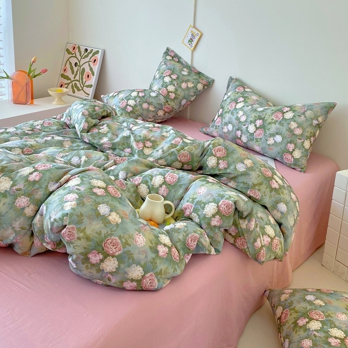 91家纺网 家纺一手货源 找家纺 于果 2025新款全棉双层纱四件套第四批 仙境绿