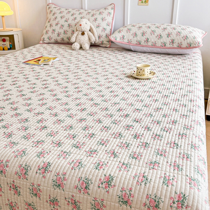 91家纺网 家纺一手货源 找家纺 梵朴 2025新款跑量款纯棉印花床盖三件套 粉玫瑰