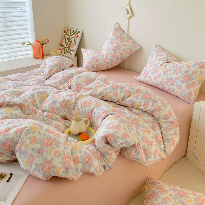 91家纺网 家纺一手货源 找家纺 于果 2025新款全棉双层纱四件套第四批 春色