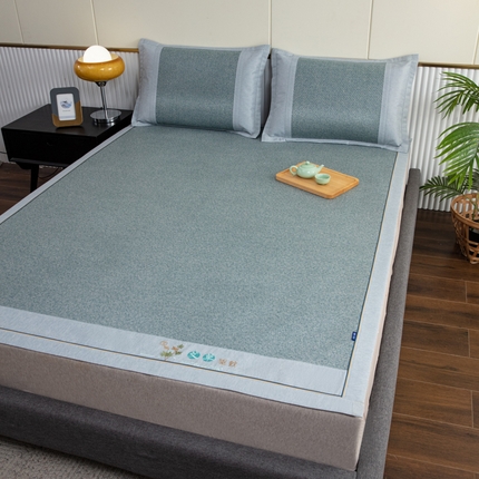 航途2025凉席艾草刺绣藤席双面印尼藤席可折叠反面冰丝席全包印尼藤席三件套浅蓝