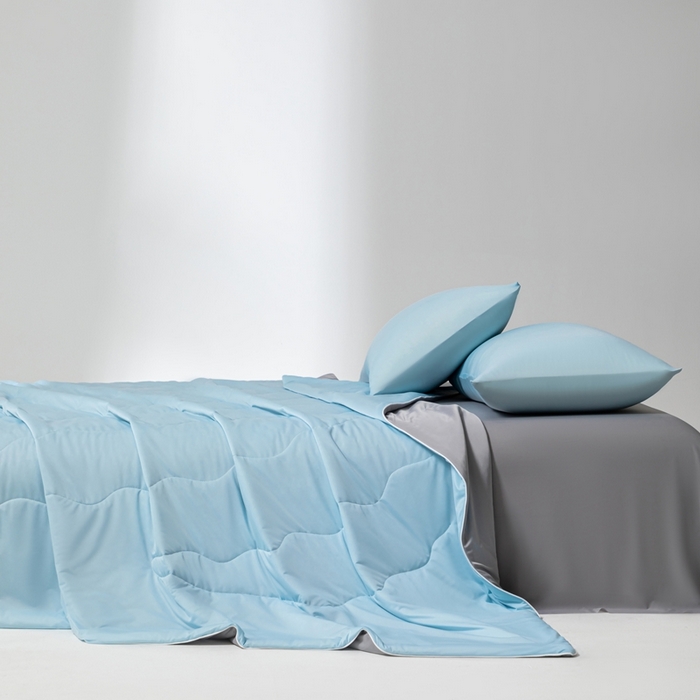 91家纺网 家纺一手货源 找家纺 样样红被业 2025新款抗菌凉感丝夏被 蓝+灰色