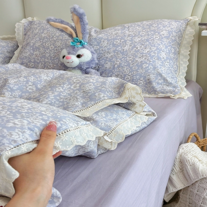 91家纺网 家纺一手货源 找家纺 荣轩2025新款全棉双层纱镂空花边工艺款四件套（铺床版） 甜花酪-绿