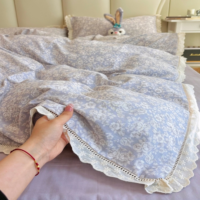 91家纺网 家纺一手货源 找家纺 荣轩2025新款全棉双层纱镂空花边工艺款四件套（铺床版） 甜花酪-绿