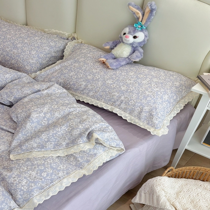 91家纺网 家纺一手货源 找家纺 荣轩2025新款全棉双层纱镂空花边工艺款四件套（铺床版） 甜花酪-绿