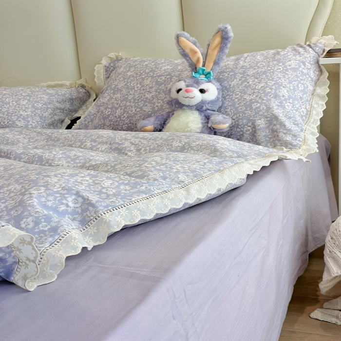 91家纺网 家纺一手货源 找家纺 荣轩2025新款全棉双层纱镂空花边工艺款四件套（铺床版） 甜花酪-绿