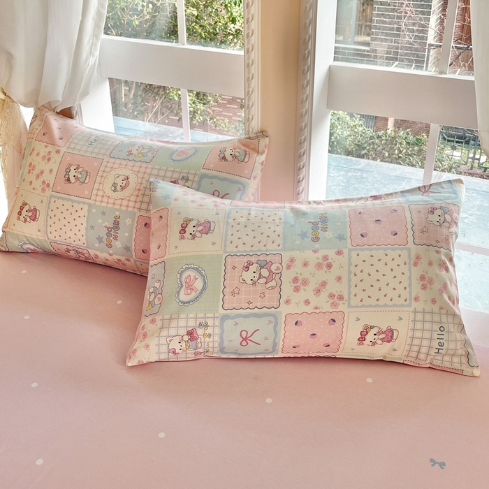 91家纺网 家纺一手货源 找家纺 Sweet dreams甜梦 2025新款全棉印花卡通小清新四件套 格子猫猫