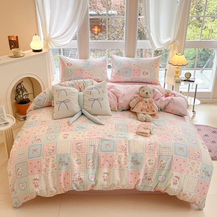 Sweet dreams甜梦 2025新款全棉印花卡通小清新四件套 格子猫猫