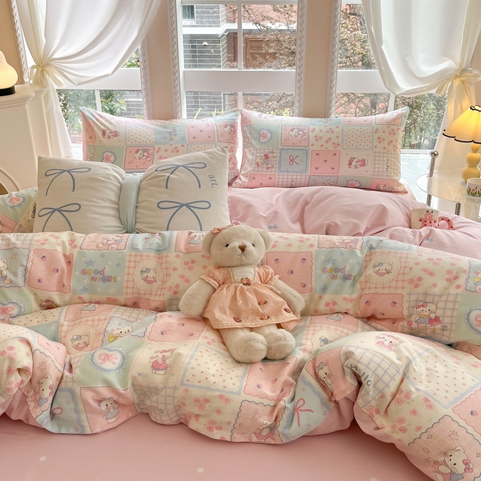 91家纺网 家纺一手货源 找家纺 Sweet dreams甜梦 2025新款全棉印花卡通小清新四件套 格子猫猫