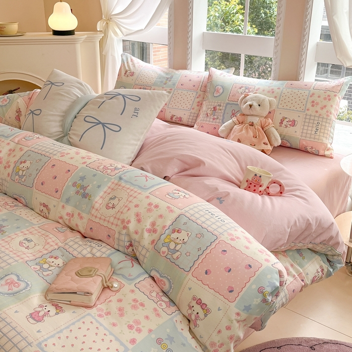 91家纺网 家纺一手货源 找家纺 Sweet dreams甜梦 2025新款全棉印花卡通小清新四件套 格子猫猫