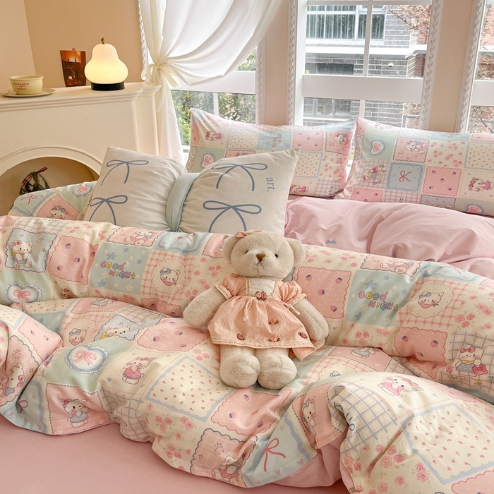 91家纺网 家纺一手货源 找家纺 Sweet dreams甜梦 2025新款全棉印花卡通小清新四件套 格子猫猫